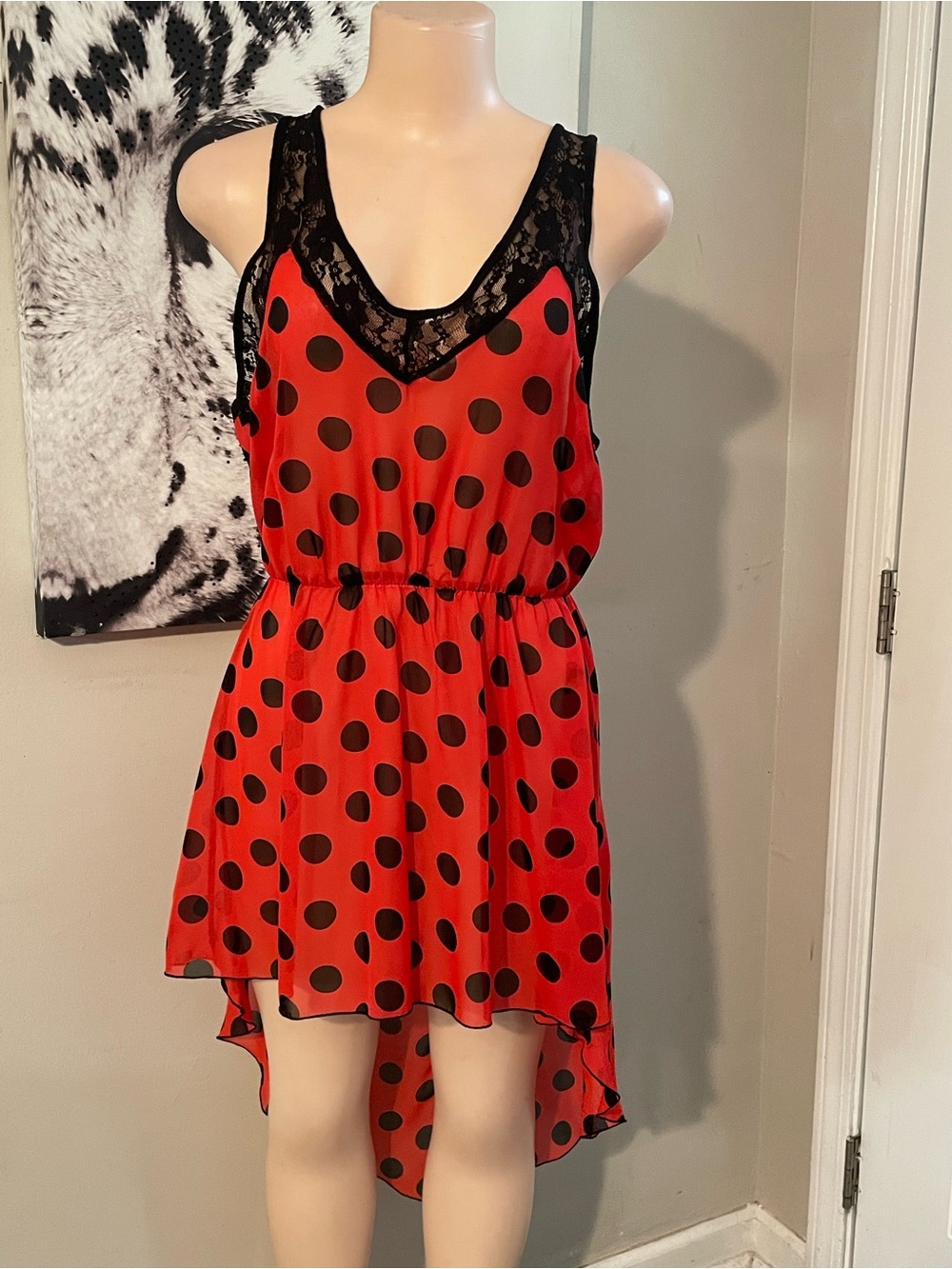 Carpe Diem fiction ladybug Red Polka Dot Lace High-Low Dress thin size medium